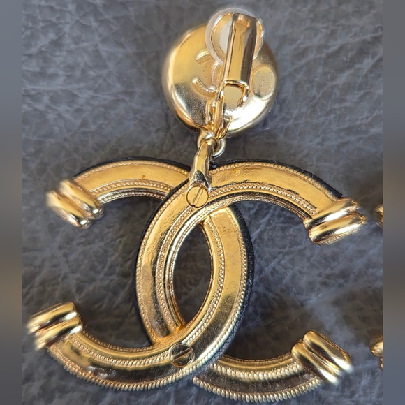 Chanel 2022 Fall Black Leather CC Gold Camelia Drop Earrings - Picture 6 of 10